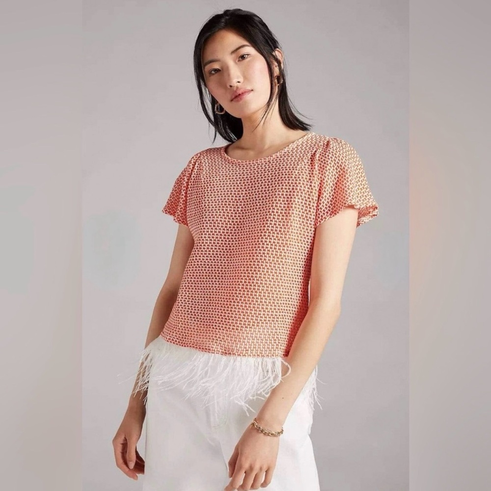 Eva Franco Anthropologie Orange and White Feather Hem Blouse Size S